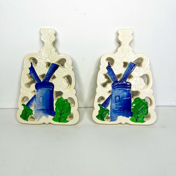 Fred Roberts Co. Porcelain Dutch Windmill Design Set 2 Ceramic White Blue Green - Picture 2 of 12